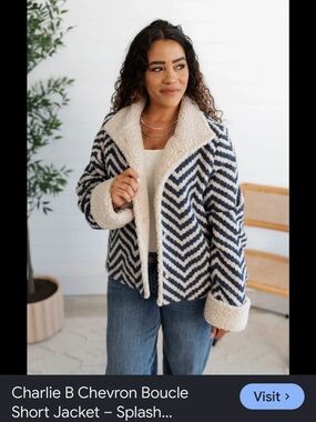 CHARLIE B Zigzag Teddy Jacket in Navy and Cream